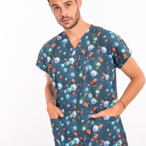 Likralı Virüs Desenli Erkek Medikal Üniforma Scrub Takımı