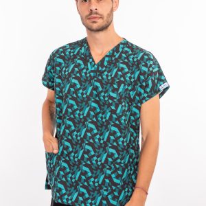Likralı Geometrik Desenli Scrubs Erkek Takım