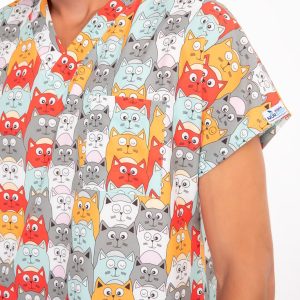 Turuncu Kedi Desenli Erkek Scrubs Takım